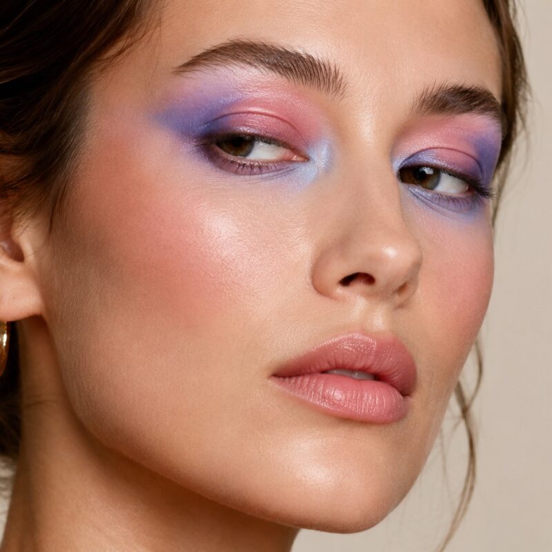 Watercolour Eyes con ombretti lilla, azzurri e rosa delicatamente sfumati